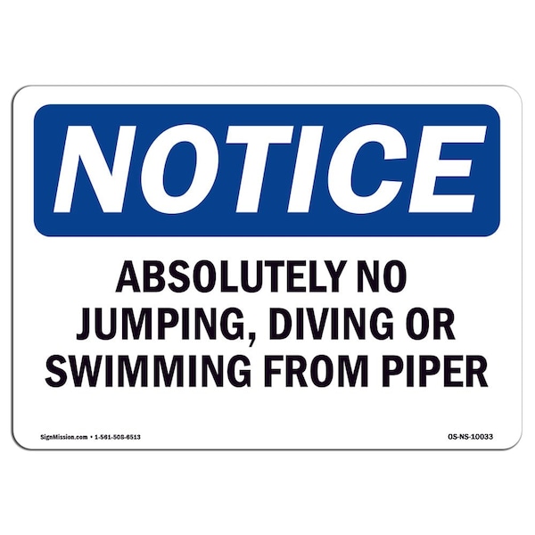 OSHA Notice Sign, 3.5" Height, Absolutely No Jumping Diving Or Swimming Sign, Landscape, 10PK